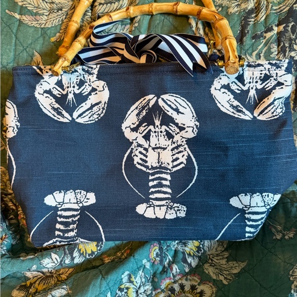 Stylish Navy Lobster Tote with Bamboo Handles - Picture 2 of 6